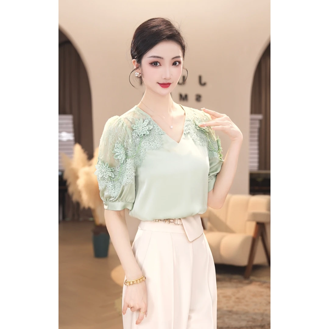 唐熹2025年夏季新款【X24-X137】轻奢绿色显白衬衫优雅短袖上衣
