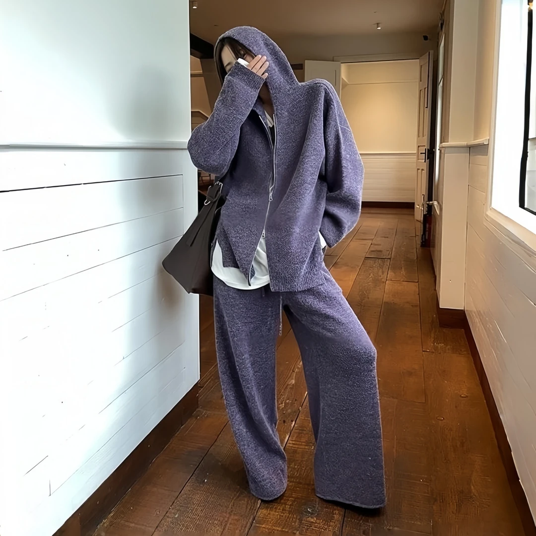 简约连帽时尚气质套装女2025秋季大码胖MM针织开衫+直筒裤两件套