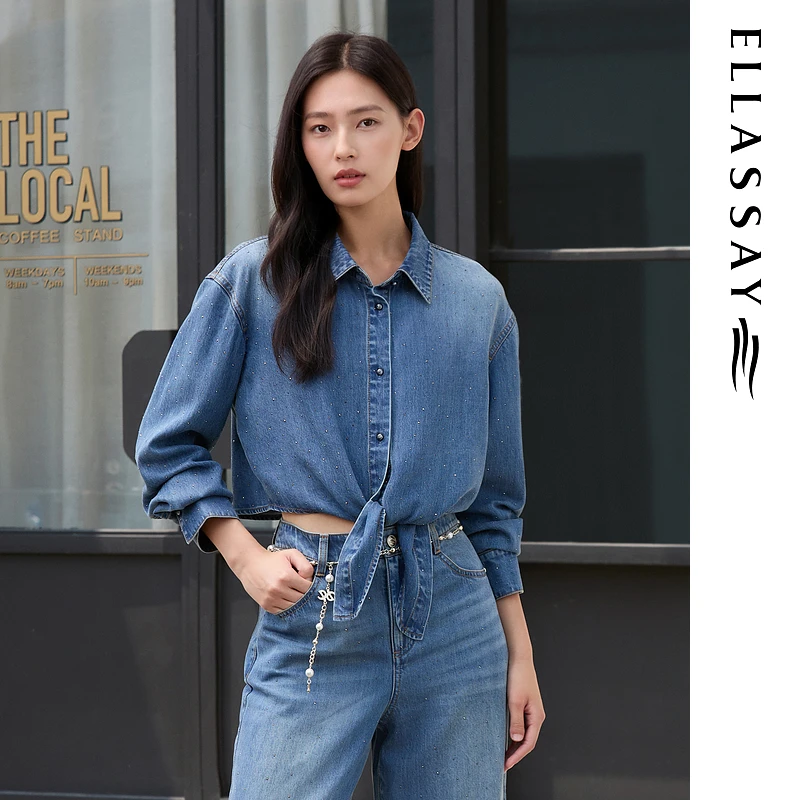 ELLASSAY歌力思2025早秋新款天丝牛仔扭结设计衬衫女EWE363N00900