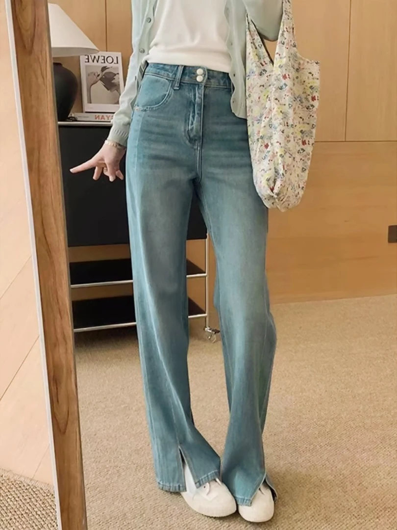 2025春季时尚百搭大码高腰长裤女直筒显瘦舒适开叉蓝色牛仔裤