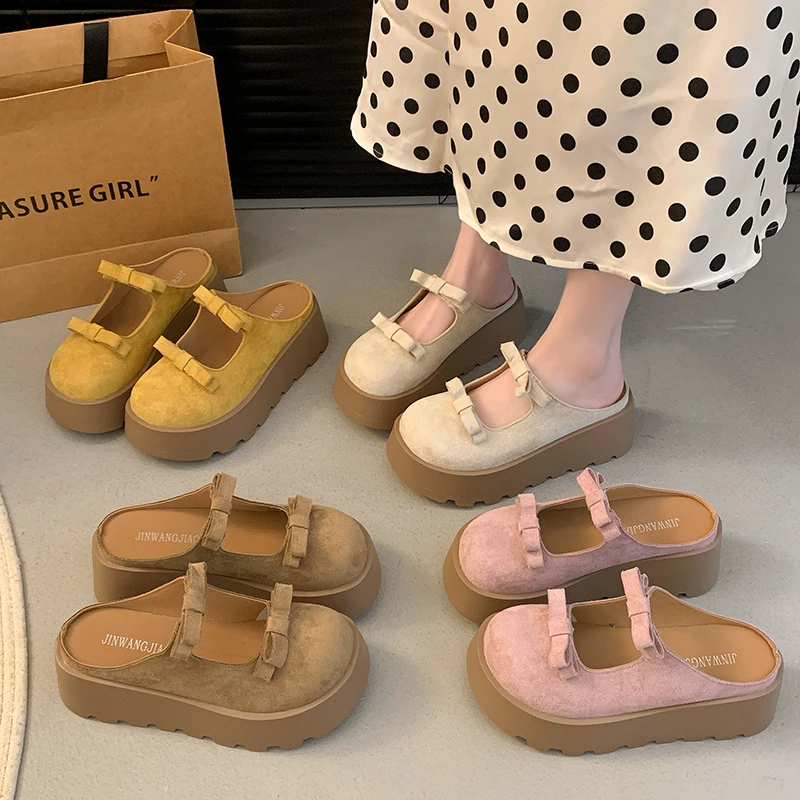 6CM~包头半拖鞋女夏季外穿2025新款时尚蝴蝶结一脚蹬玛丽珍凉拖鞋