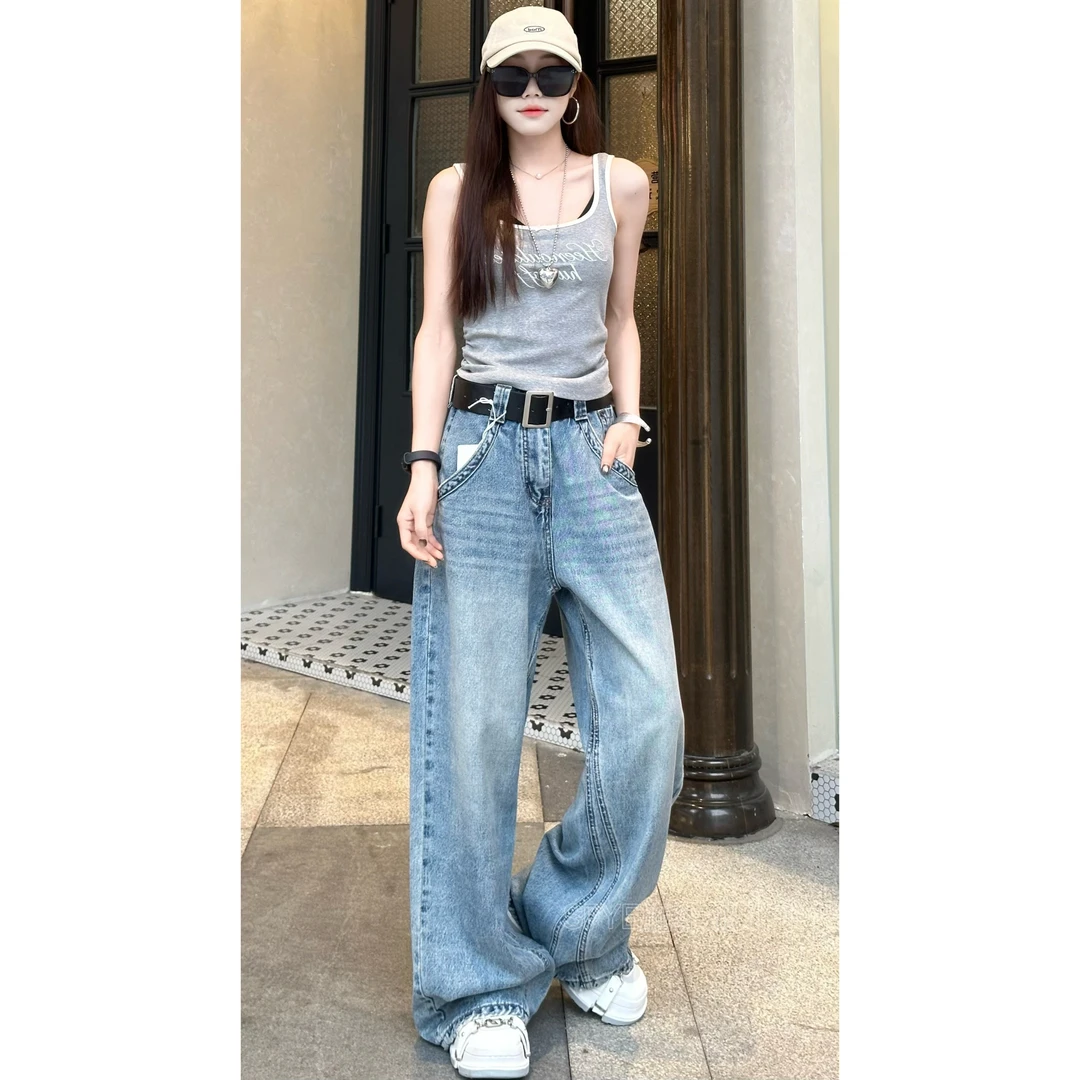 [三月]宽松阔腿直筒牛仔长裤女夏装韩版时尚18035休闲百搭收腰