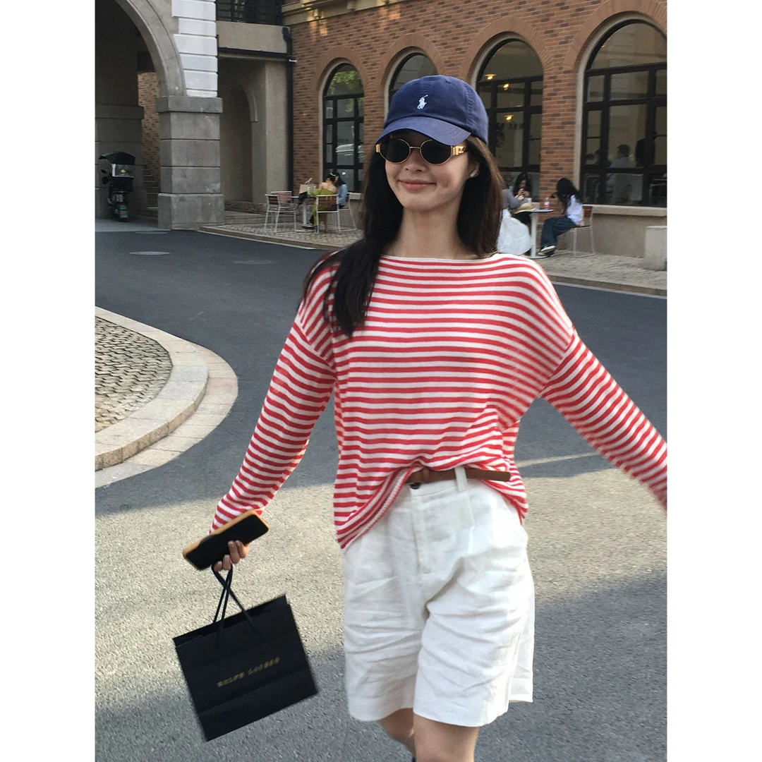 Yihouse2025【松弛瞬间】慵懒感撞色条纹长袖T恤女款宽松上衣Y8371