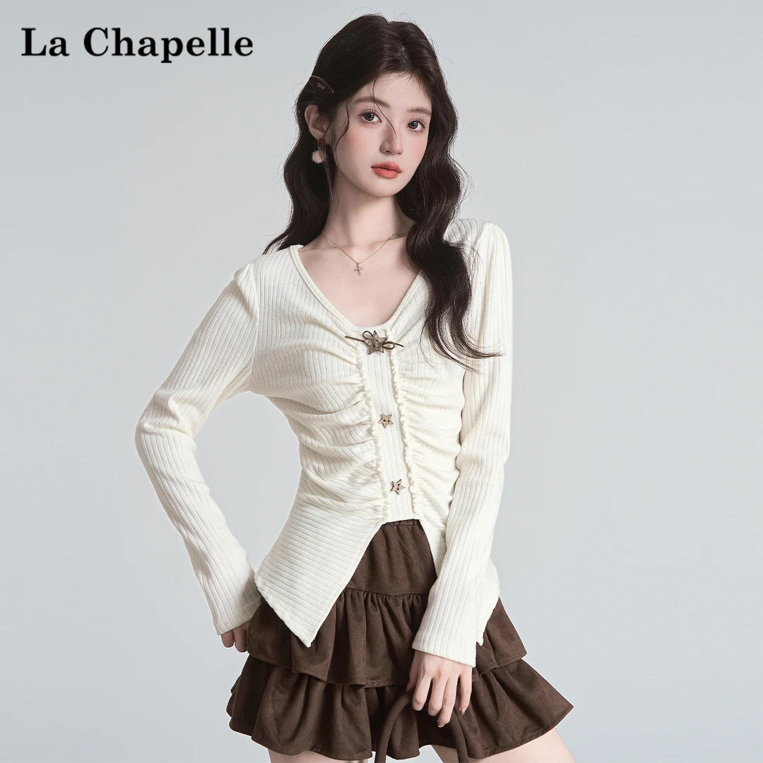 拉夏贝尔法式褶皱V领正肩针织衫秋季辣妹修身显瘦长袖上衣打底衫