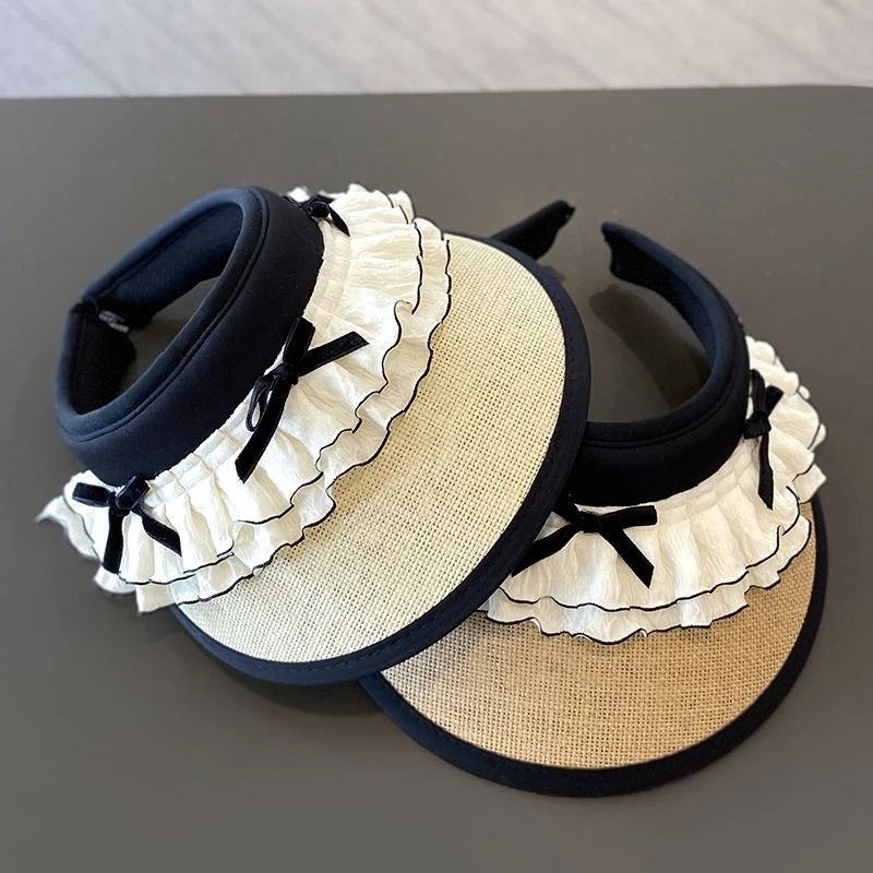 新款蕾丝蝴蝶结空顶防晒帽夏季大檐黑胶户外骑车防紫外线遮阳帽Tm