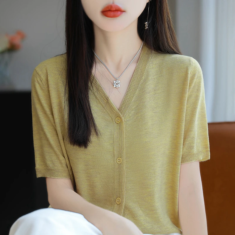 女士V领气质打底短袖开衫精纺羊毛洋气显瘦夏季薄款T恤宽松百搭