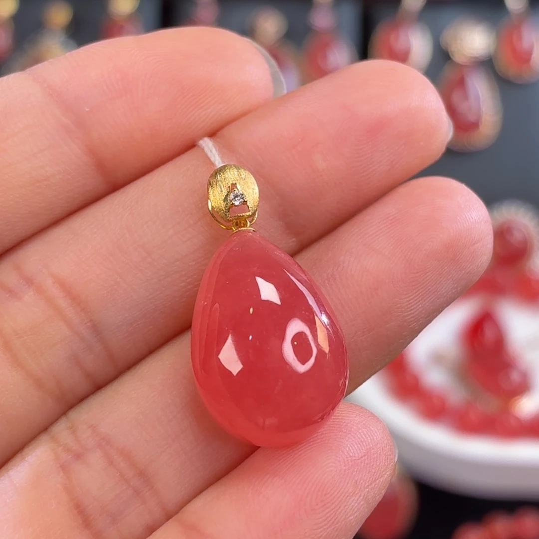 菱锰矿（红纹石）18K金镶嵌吊坠(不含链)