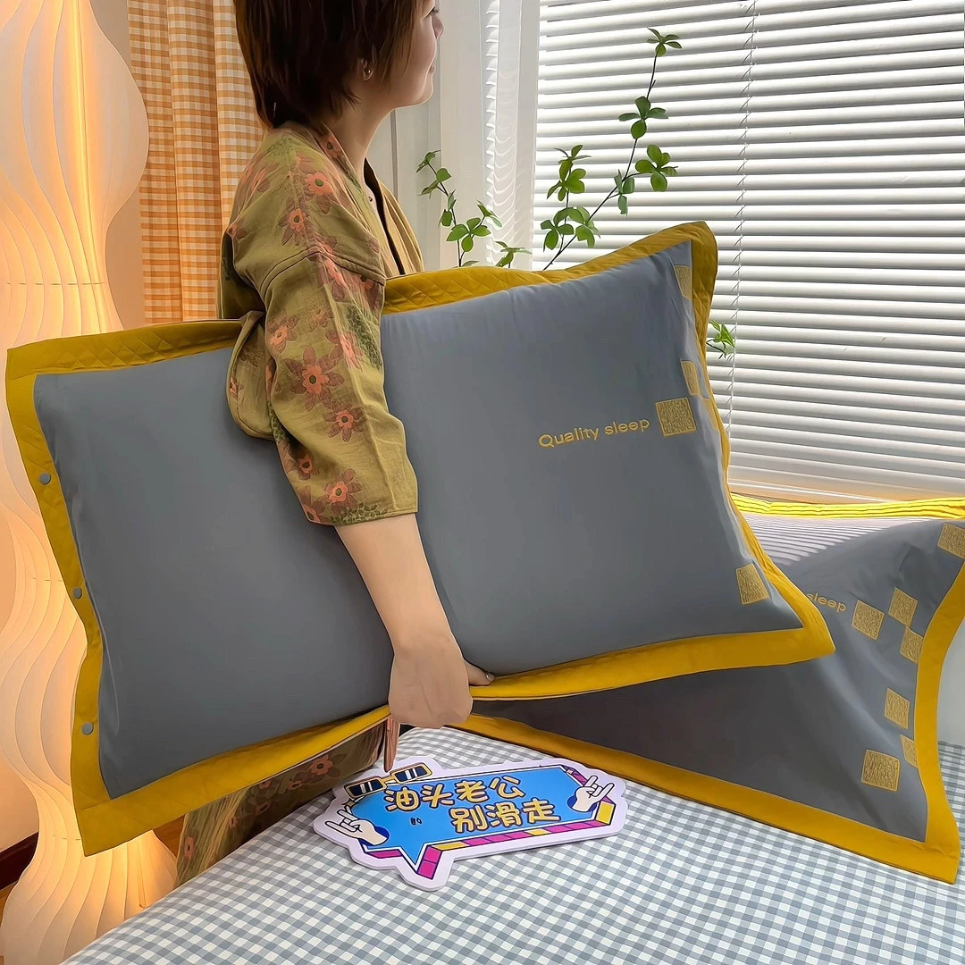 按扣式纯棉纱布枕套一对装轻奢宽边加大厚枕头套家用成人吸汗枕套