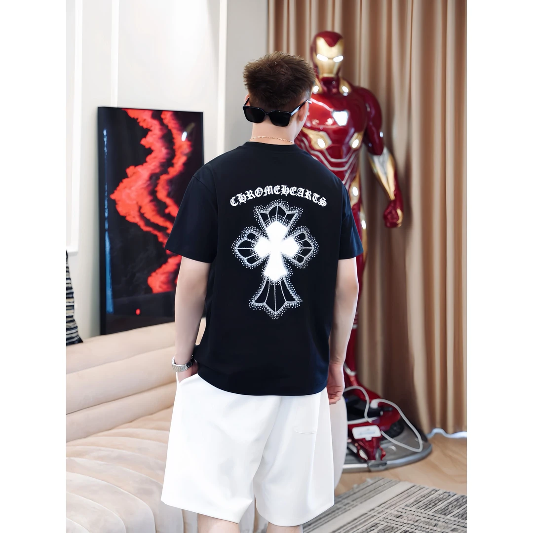 SAM【十字钻花】轻奢夏季精致马蹄梵文奥钻时尚圆领百搭短袖T恤