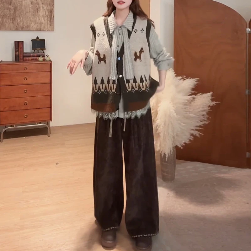 韩系慵懒风套装女2025春秋新款蕾丝系带条纹衬衫针织衫马甲两件套