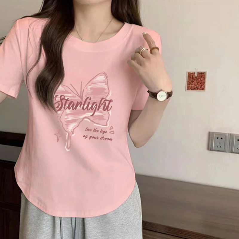 【星光粉碟】弧形下摆遮肚子正肩显瘦5-10斤短袖9902