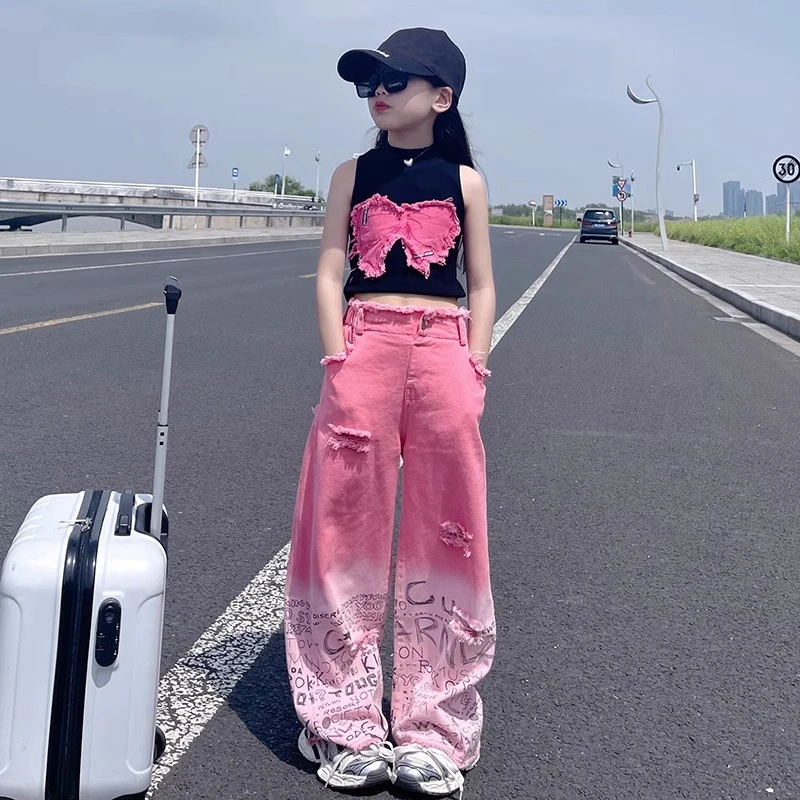 女童渐变牛仔裤2025新款夏款女大童时髦洋气儿童破洞直筒阔腿裤潮