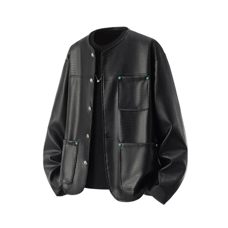复古潮流鳄鱼蛇皮纹皮衣男士季新款潮牌高级感休闲无领夹克潮外套