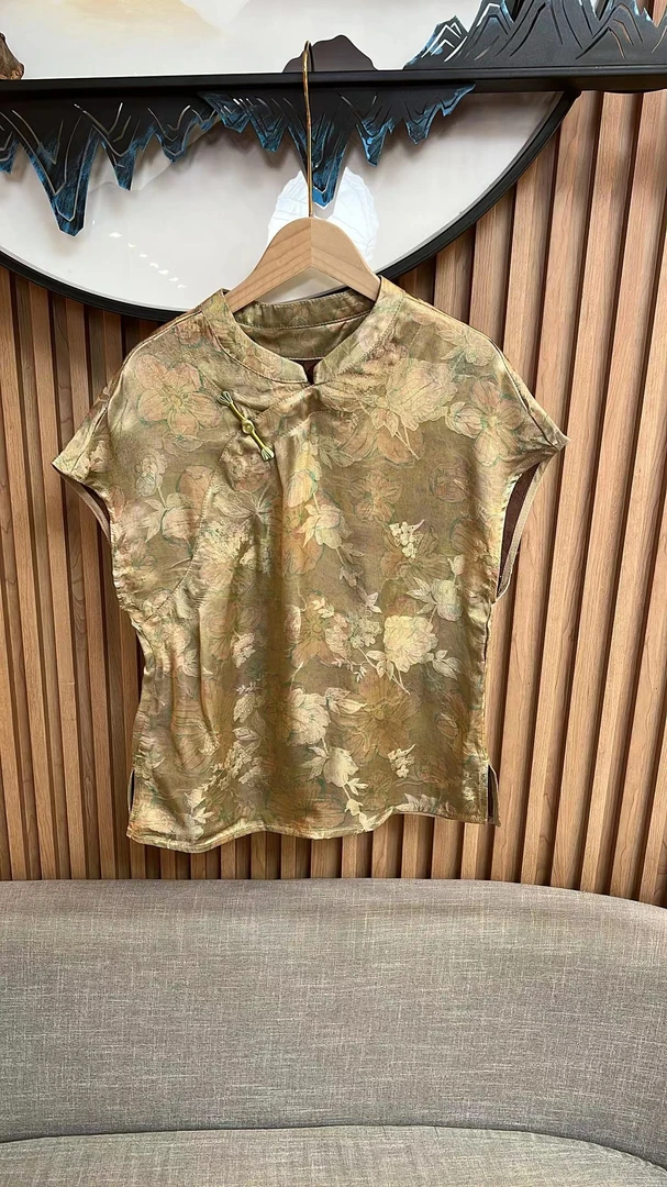 7043提花短袖圆领常规款无袖碎花上衣衬衣黄色夏季背心