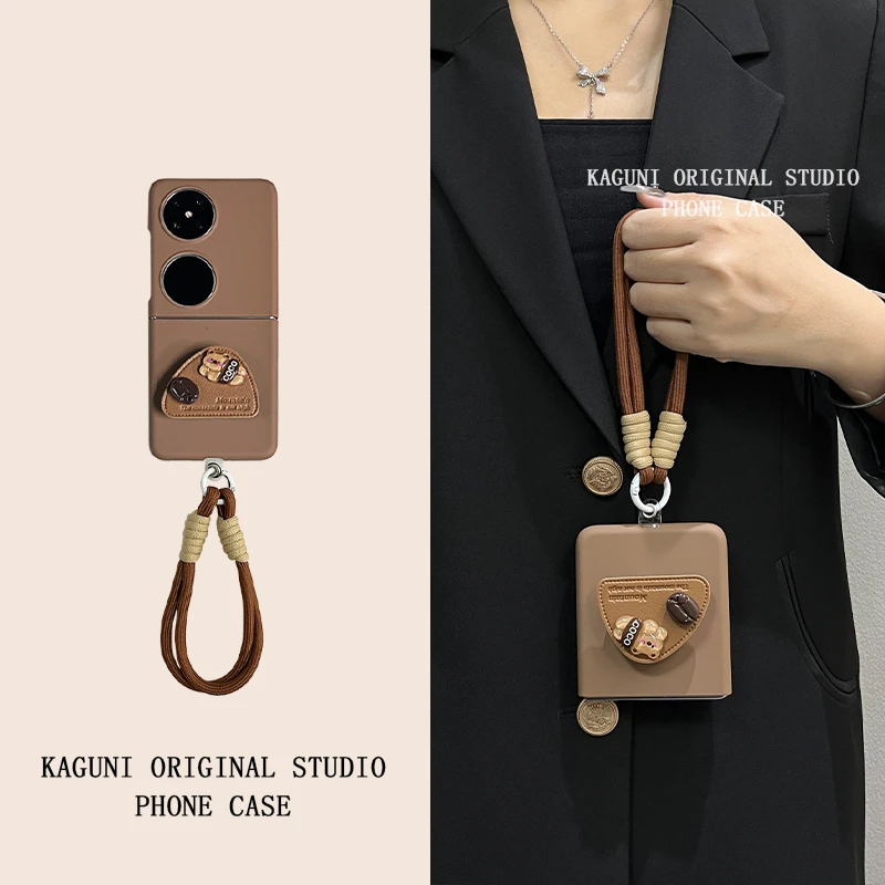 秋冬可爱卡通小熊支架手提绳适用华为pocket2手机壳新款pockets