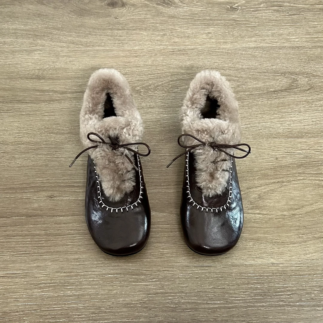 Dannyfrey复古圆头系带毛毛加绒保暖编织手抓羊皮百搭时尚单鞋2CM