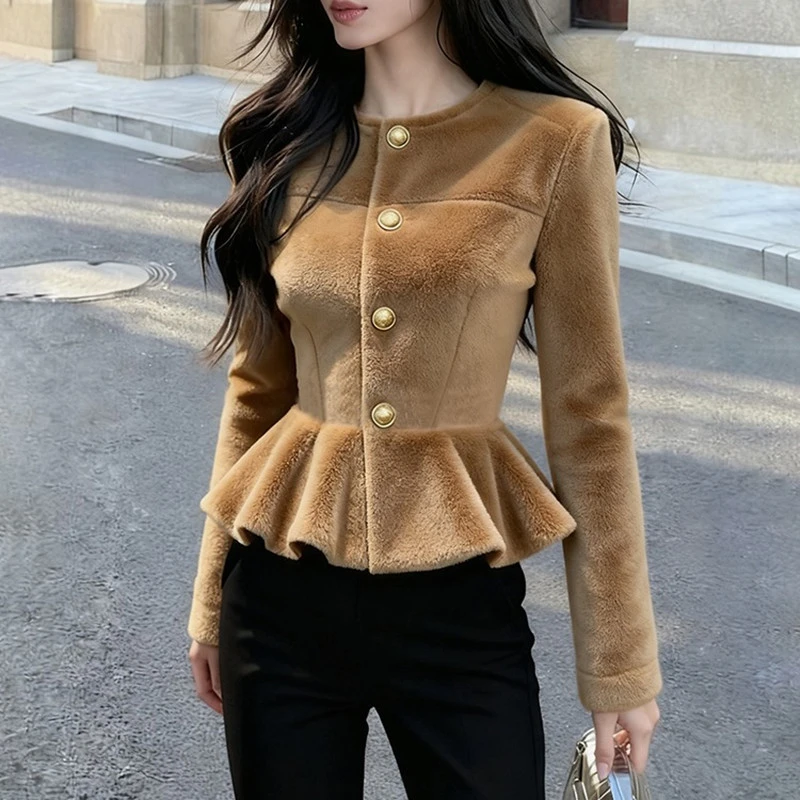 卡其色毛绒外套女秋冬气质高级感洋气时髦独特漂亮掐腰小香风上衣