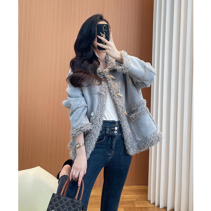 雾霾蓝圈圈毛皮毛一体外套女2025新款冬季加绒加厚欧货中长款大衣