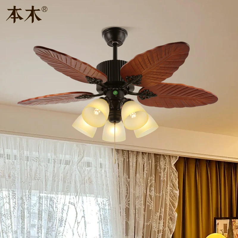 风扇吊灯法式中古实木餐厅吊扇灯美式复古南洋风新款客厅一体吊灯
