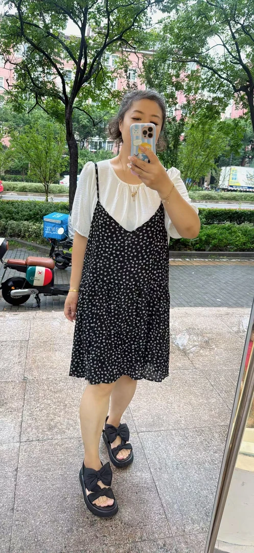 敏敏家园大码女装 SSX50552 真两件套白色短袖碎花吊带裙