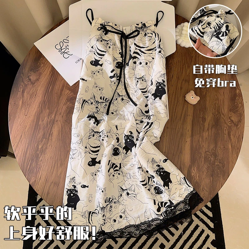 睡衣女士夏季云朵棉吊带胸垫中长款睡裙夏天新款小猫咪家居服薄款