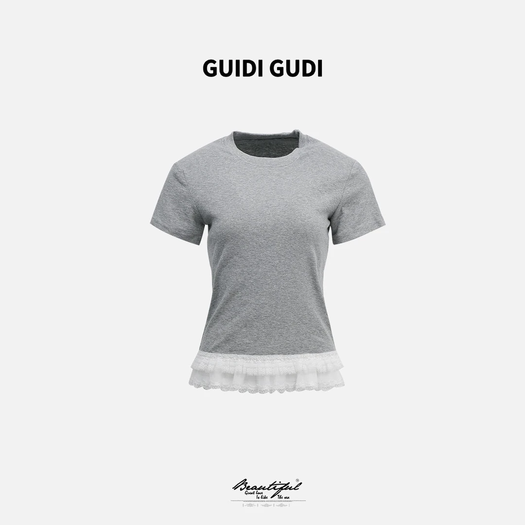 GUIDI GUDI【人格魅力】黄加蓝重工蕾丝短袖上衣T恤 T9511022H