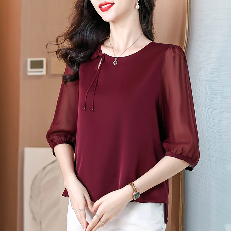 高级感醋酸缎面衬衫女夏季2025新款妈妈宽松遮肚子小衫七分袖上衣