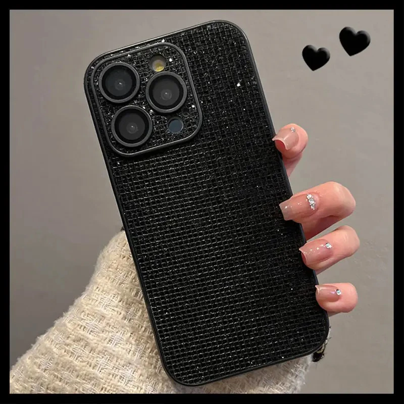 闪钻黑色适用苹果16手机壳iphone15pro皮纹套14高级13必备配件max