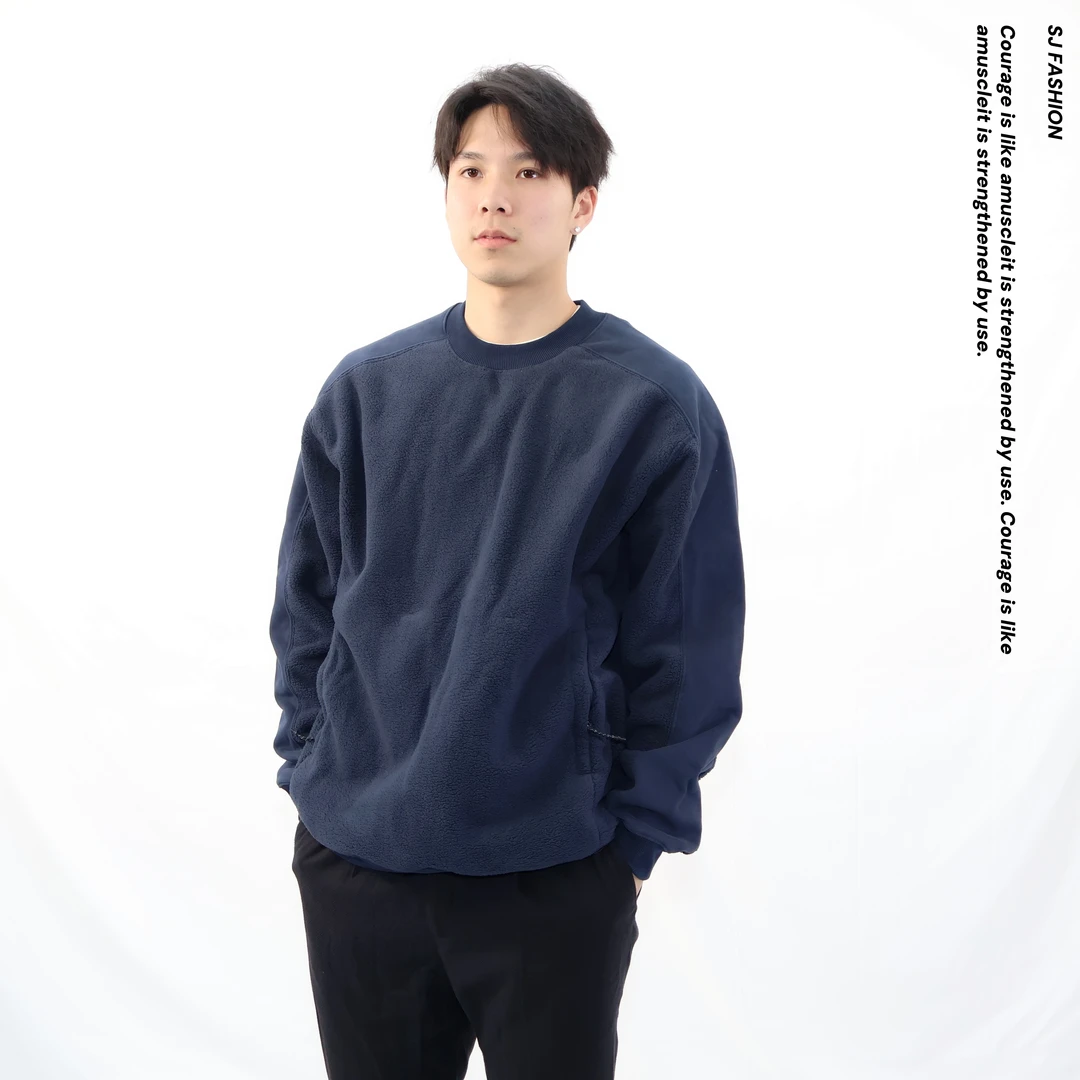 BLNK新款圆领男装上衣宽松秋冬蓝色保暖摇粒绒口袋喊话纹身卫衣