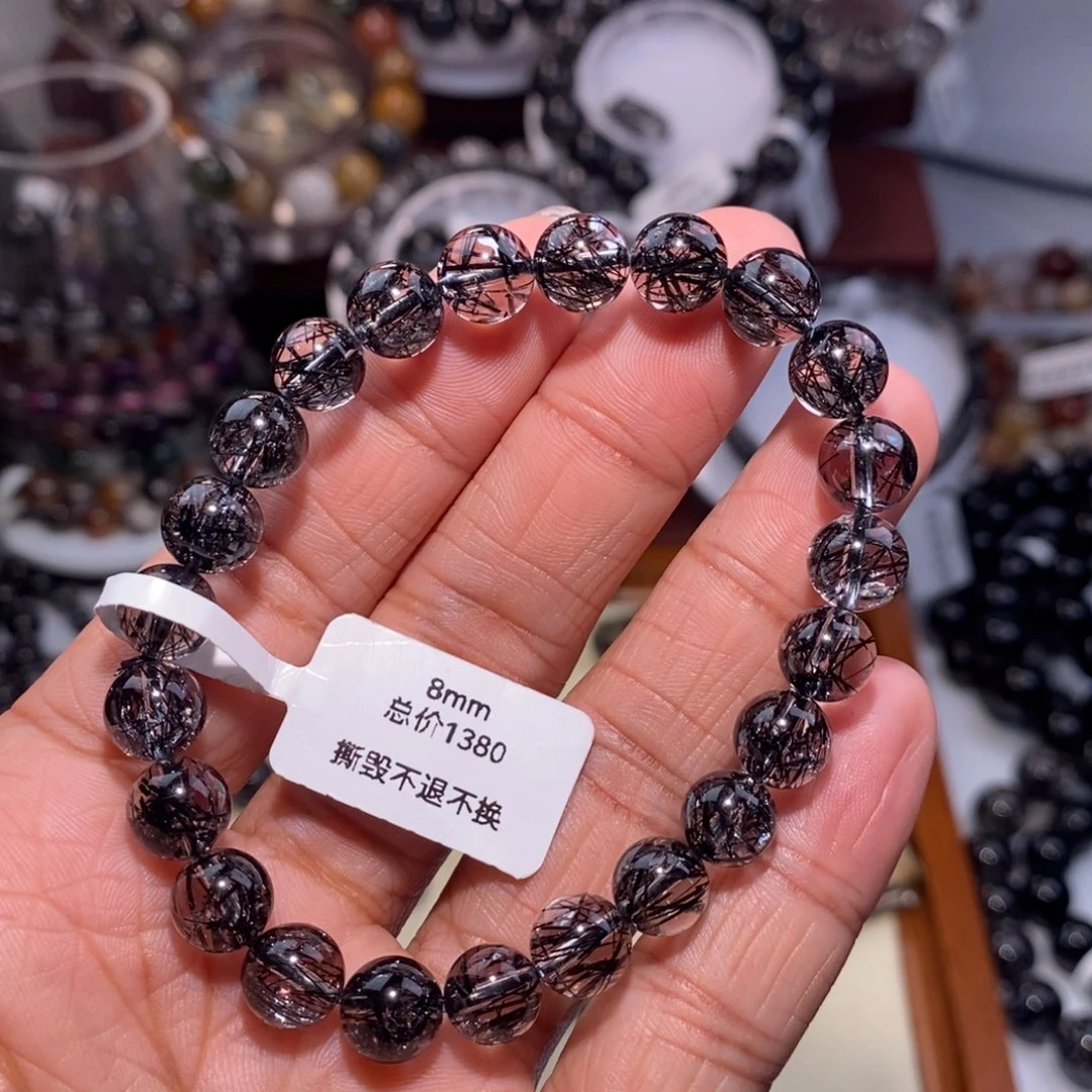 水晶手链未镶嵌虚**存黑发晶粗发烟花蕾丝8mm全透体手围18