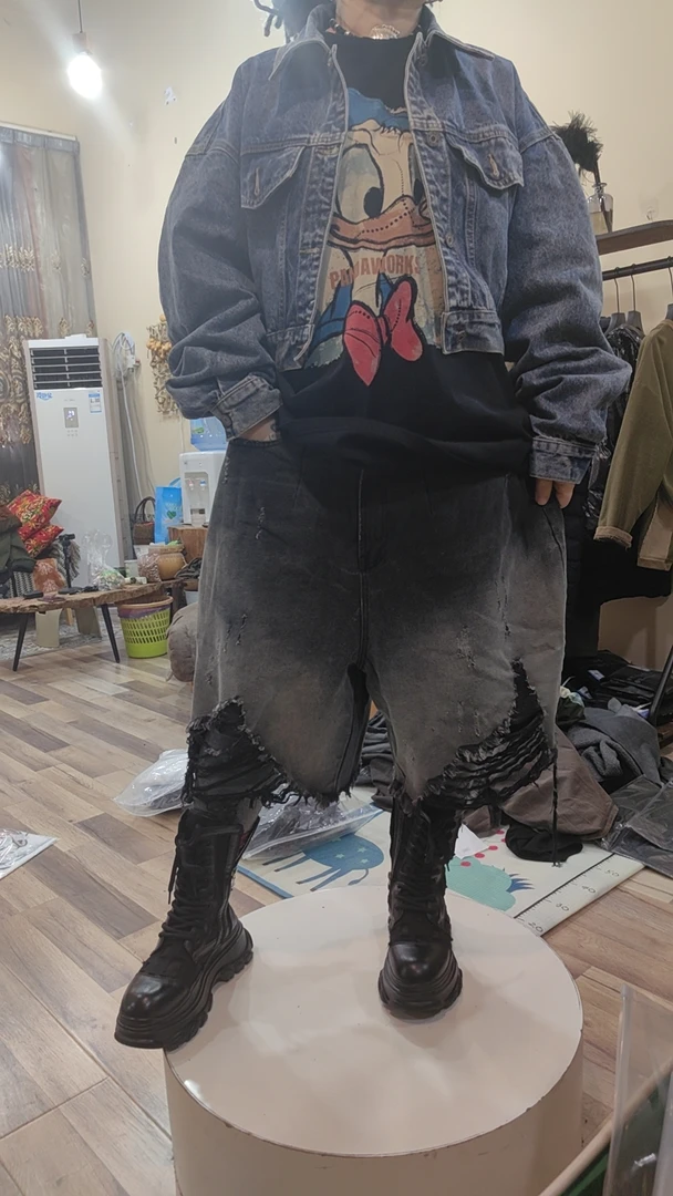 中腰薄款工装裤港风七分裤牛仔裤百搭潮流宽松牛仔风