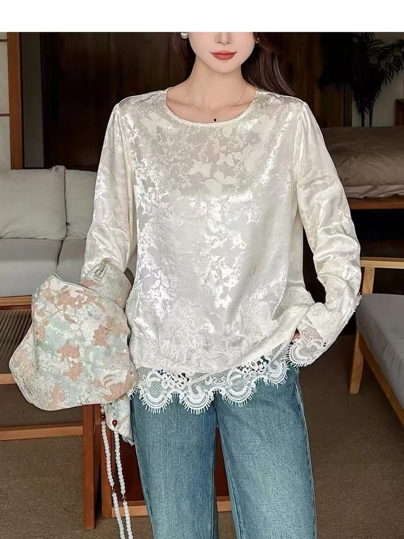 高级感新中式国风蕾丝拼接提花长袖衬衫女2025春季新款显瘦上衣服