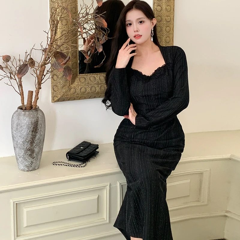 大码女装高级感包臀收腰性感连衣裙法式复古蕾丝拼接显瘦长裙2015