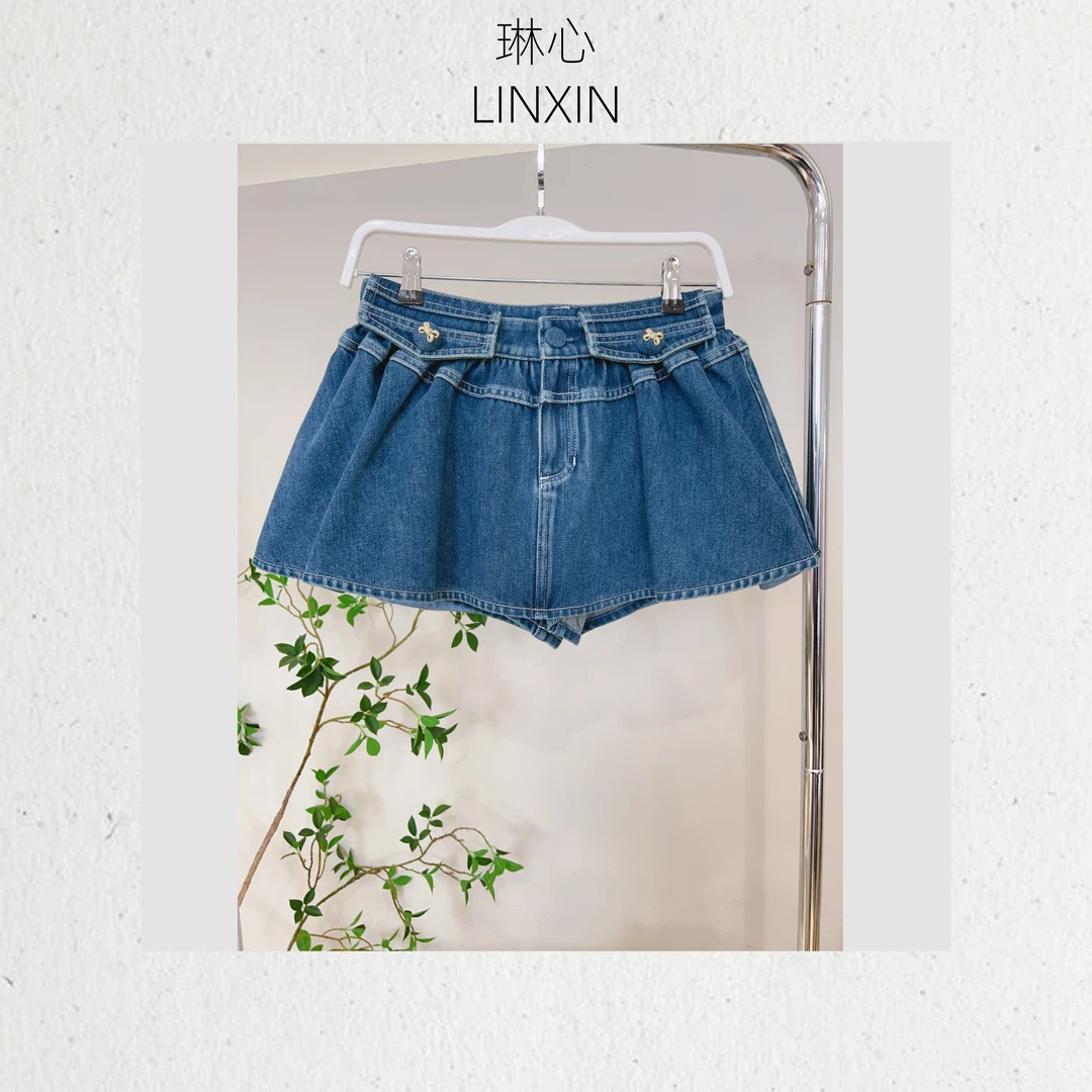 琳心丨春季新款高腰显瘦女装金色小蝴蝶结牛仔短裙裤 0630