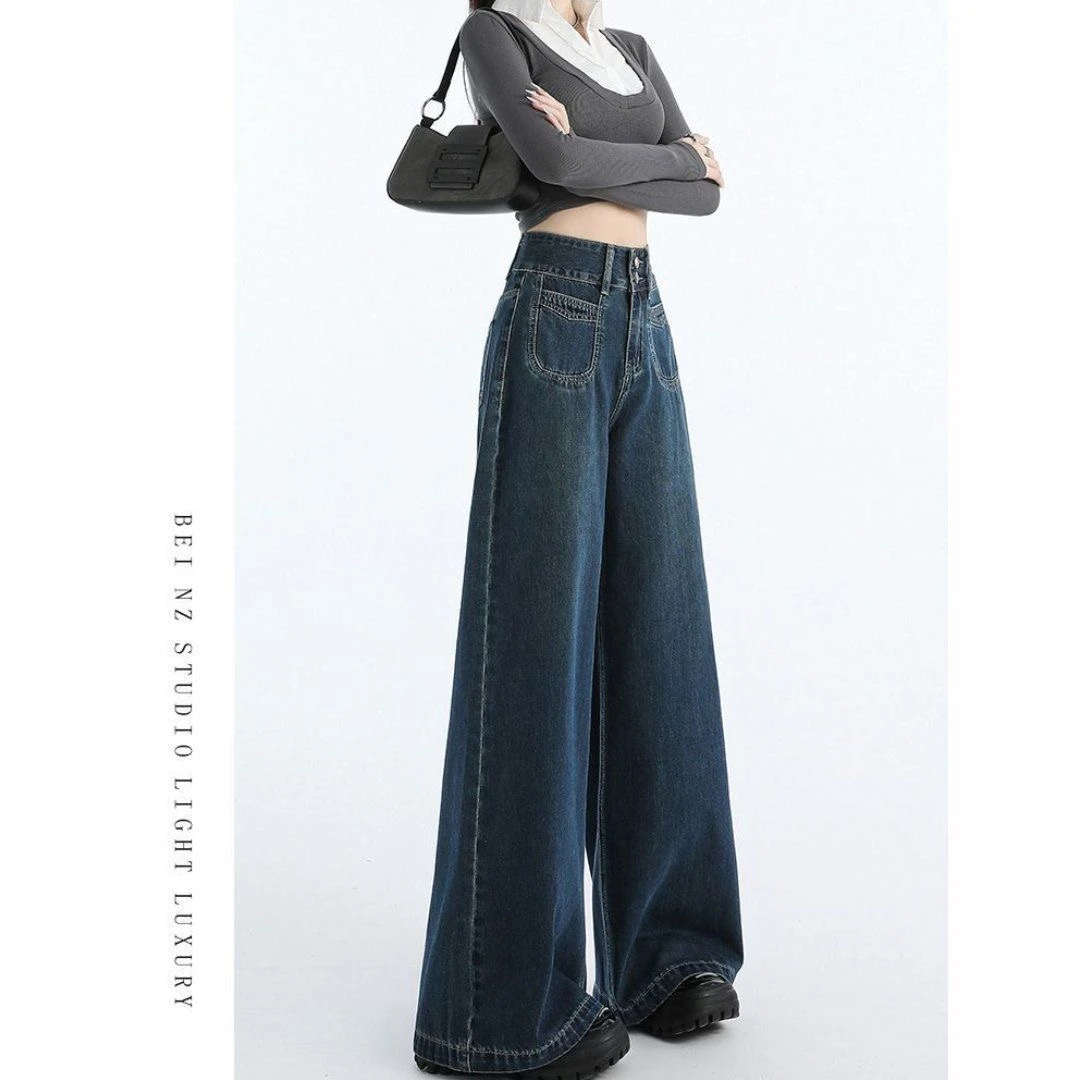 复古高腰阔腿牛仔裤宽松显瘦垂感直筒拖地长裤春秋穿搭