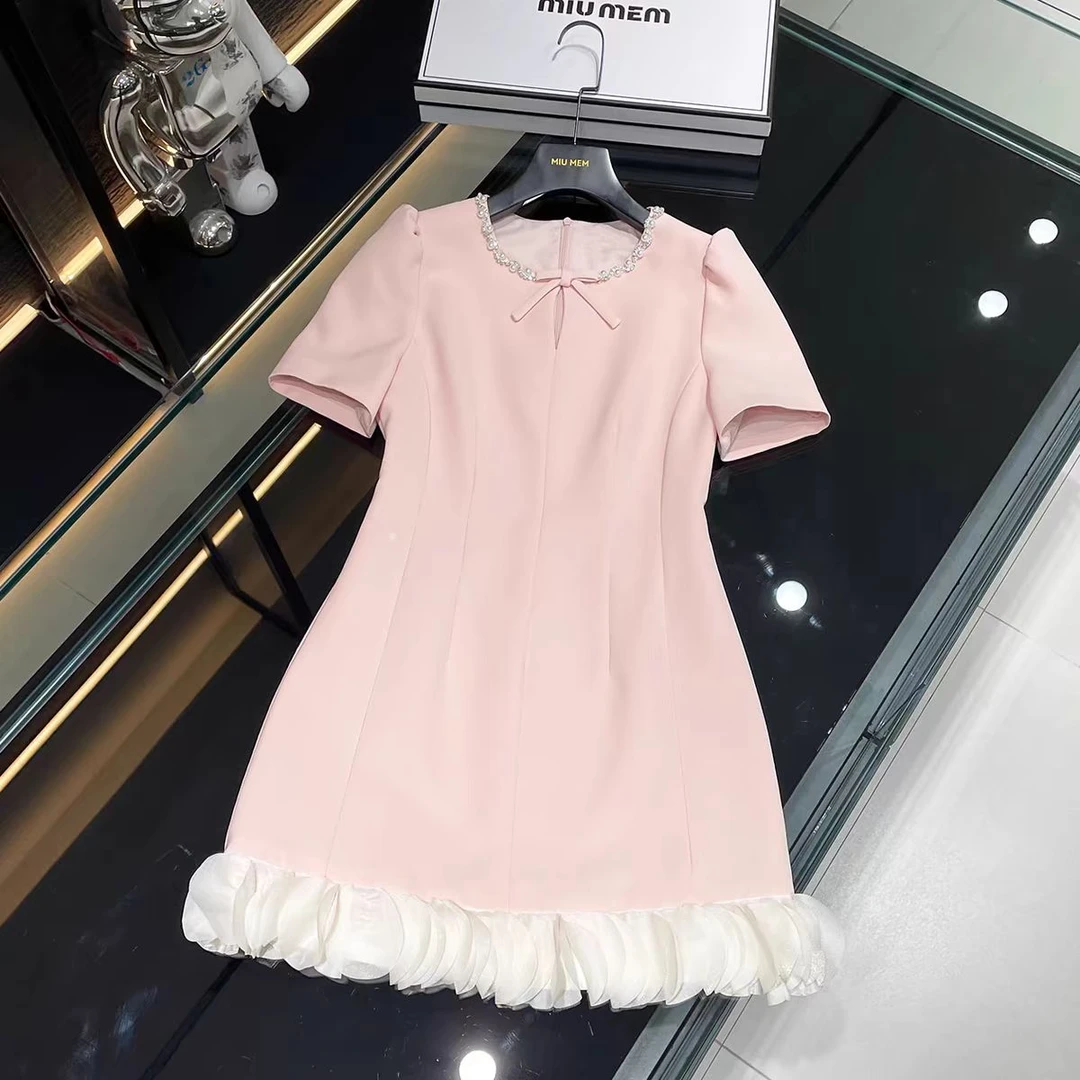 （cici专属）千金风25春法式精致珠钻蝴蝶结淑女连衣裙