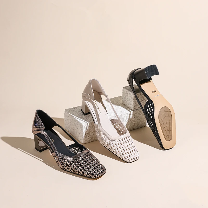 圣琳妃/羊皮/5cm原创镂空编制高跟单鞋女气质粗跟方头女鞋D20181