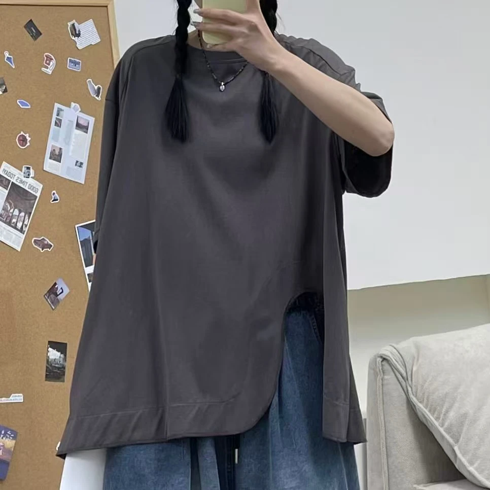 夏季新款简约宽松百搭纯色复古下摆前开叉设计圆领T恤2565