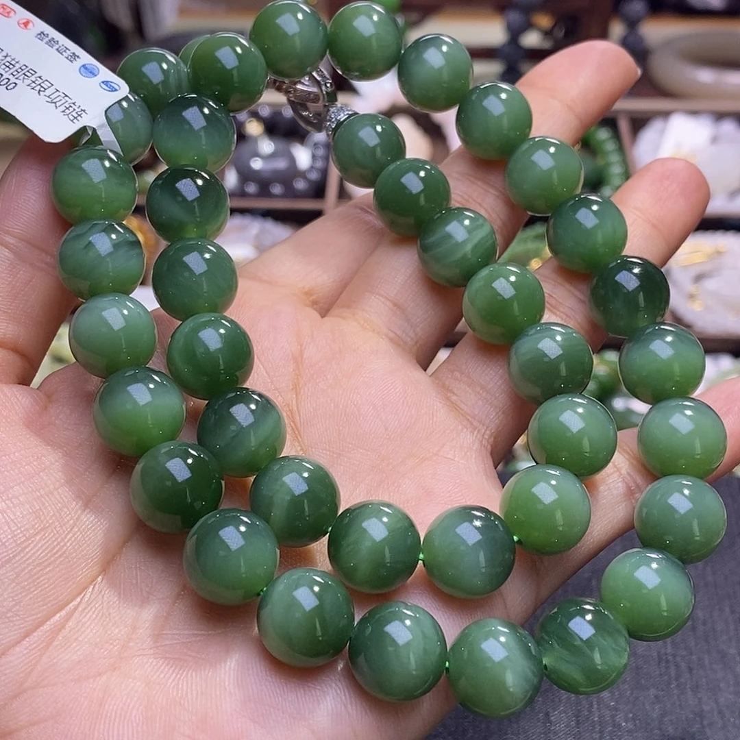 颈饰未镶嵌和田玉 毕业级老坑料碧玉猫眼妈妈链12m