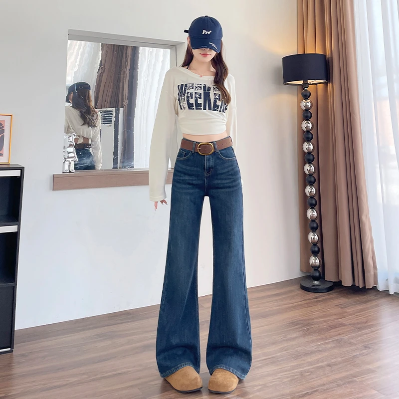 广州新塘牛仔裤高腰蓝色加绒宽松不贴腿微喇叭裤女款爆款2025新款