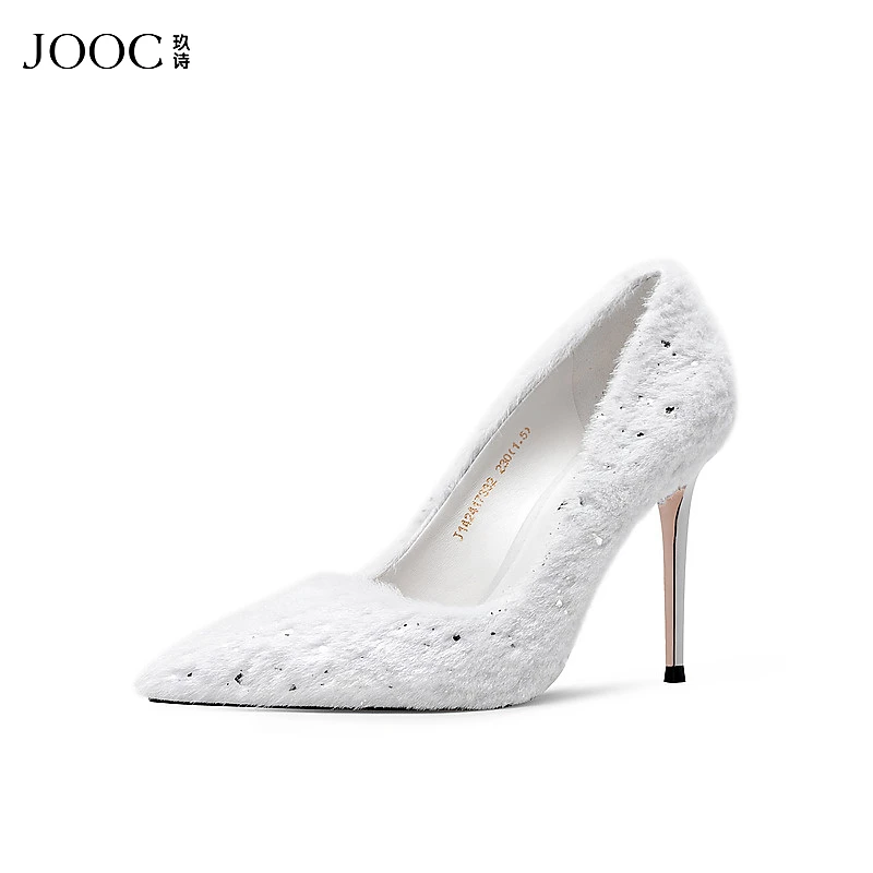 JOOC玖诗尖头高跟鞋新款胎羊毛性感细跟浅口名媛气质单鞋7332