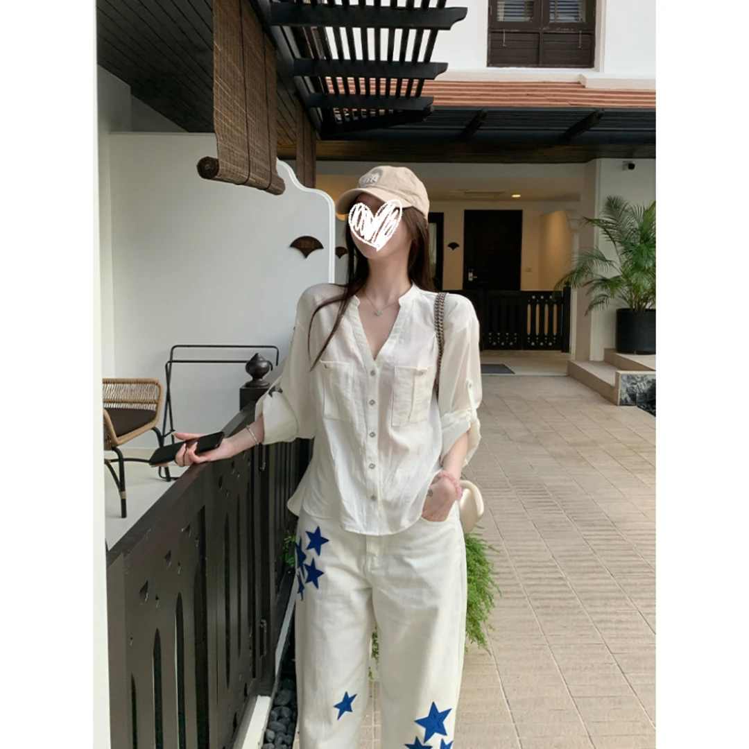 【白鸽旧诗】早秋清透通勤休闲宽松防晒法式白色衬衫气质长袖Y3298