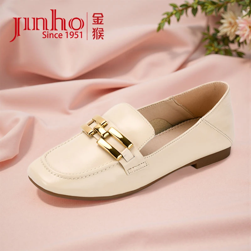 Jinho/金猴新款女鞋女士休闲百搭黑色亮面方根乐福鞋590152A/C