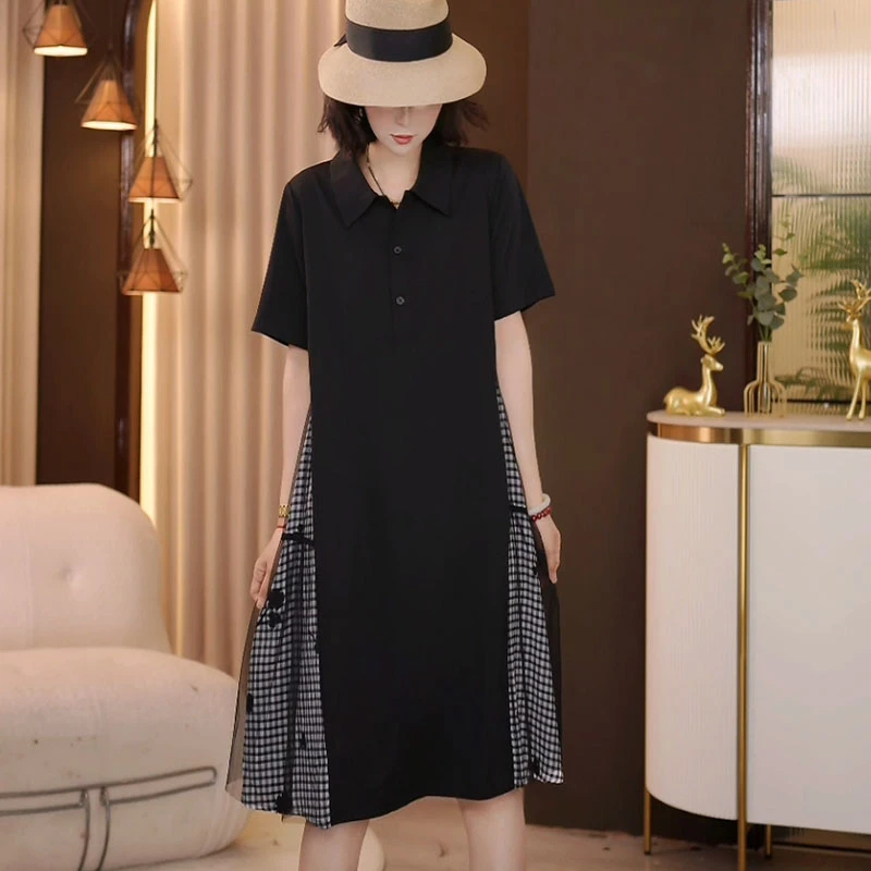 8959-889夏季新款韩版2025宽松休闲短袖时尚拼格子连衣裙女