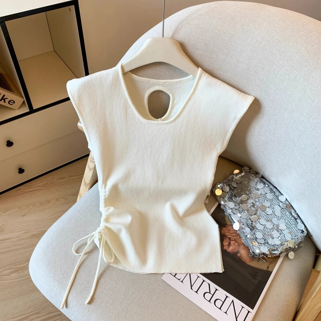 不规则抽绳无袖冰丝针织衫女夏季穿搭小众别致镂空掐腰飞飞袖上衣