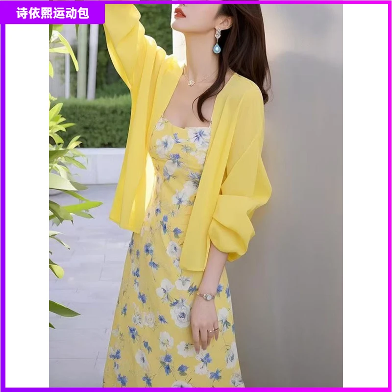 12025春季绝美高端精致轻奢独特温柔风减龄黄色碎花吊带连衣裙I