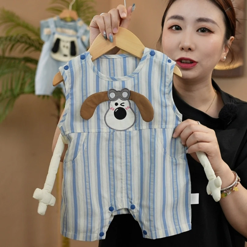 夏季新款宝宝连体单排扣爬服夏季婴儿宽松极简风中性休闲衣服