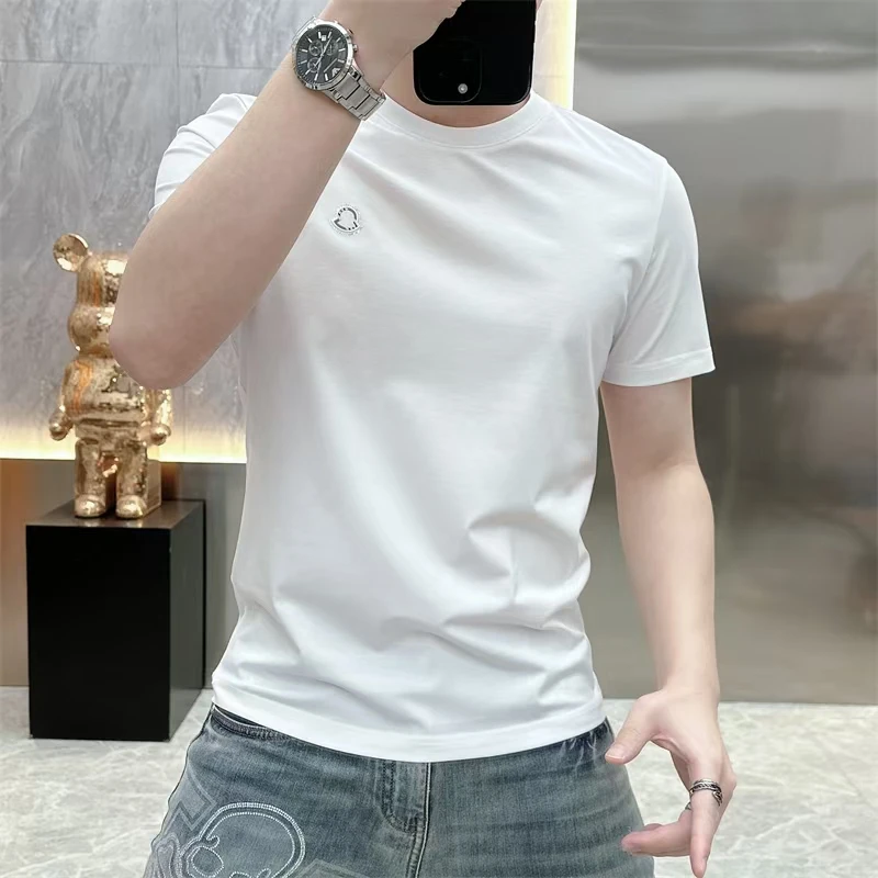 2025夏季新款男士简约百搭圆领套头短袖修身帅气丝光棉男装T恤潮