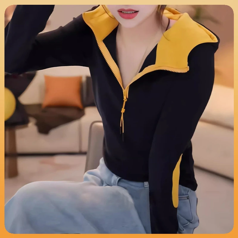 休闲洋气连帽打底衫女2024冬季时尚百搭半拉链长袖保暖显瘦上衣女