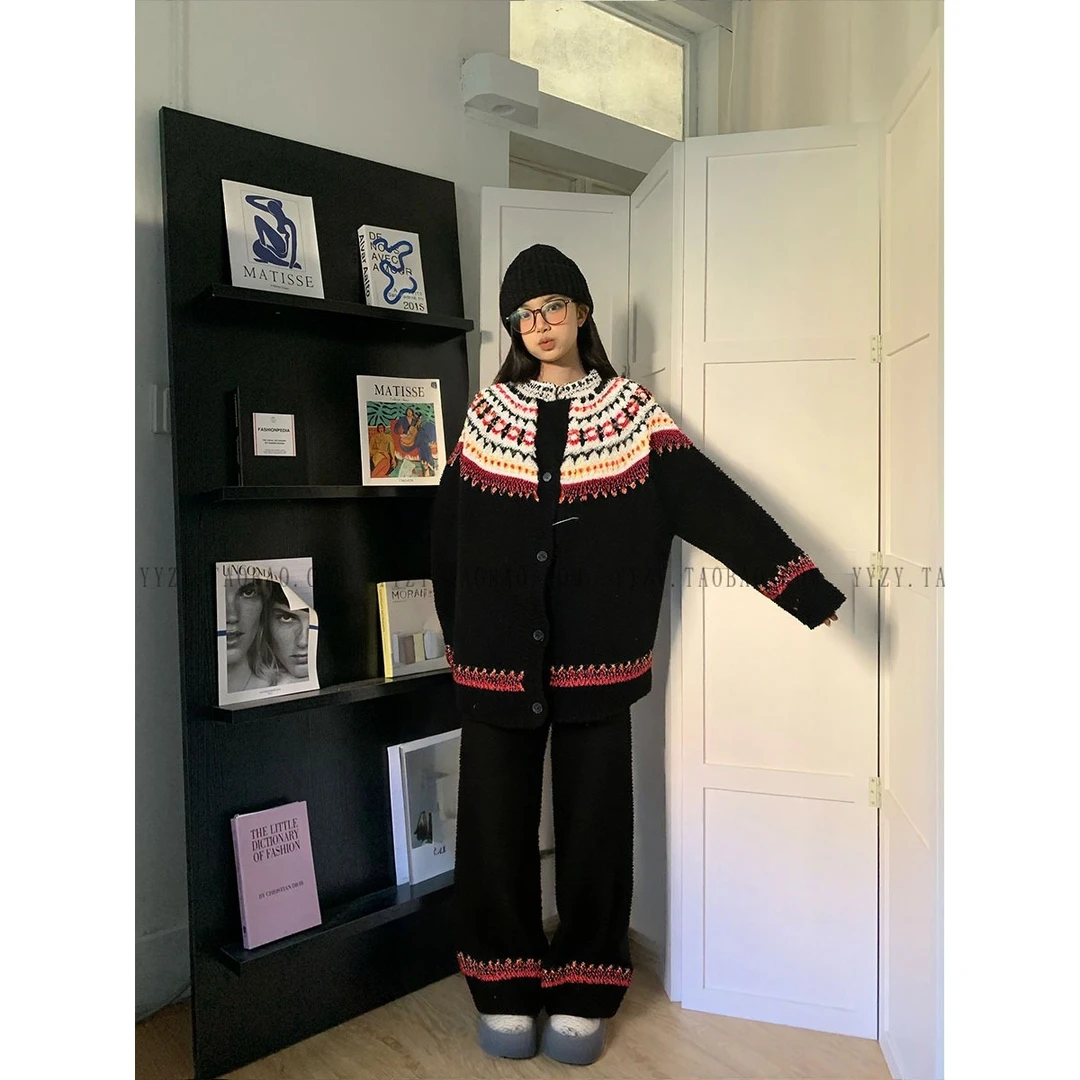 【复古费尔岛】新中式高级感半边绒睡衣女秋冬新款针织套装家居服